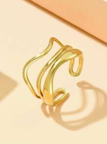 1pc Elegant Geometric Multi-Layer Line Openwork Stainless Steel Ring, Simple Minimalist Shiny Metal Adjustable Finger Band For Women, Daily Wear - Silver - View 1