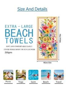 1pc Prachtige Bloemen Stranddeken, Extra Zachte Microvezel Extra Grote Strandhanddoek, Zeer Absorberende Badhanddoek, Geschikt Voor Reizen, Zwembad, Duiken, Surfen, Yoga, Kamperen, Verschillende Maten, Strandaccessoires Zomer, Vakantie