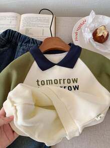 Áo nỉ cổ polo lót nhiệt in chữ thường ngày mới thu/đông 2024 cho bé trai - xanh quân đội - Xem 7