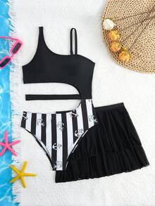 Tween Girl 8-12 Yrs Anchor Printed Cute 2 Pcs Swimwear Set - One-Piece Swimwear With Skirt - Black - View 1