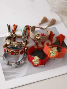 2件套母亲节创意时尚优雅奢华珍珠不规则心形水钻编织流苏手链，适合女性、姐妹、情侣，情人节礼物，日常佩戴，派对，约会，夏季海滩佩戴，红色饰品 - 套裝 - 查看 4