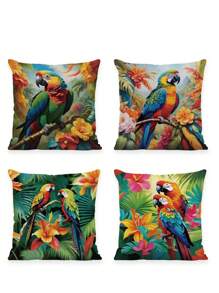 4 pièces Housses de coussin décoratives à motifs de perroquet tropical et floraux. Motifs de fleurs dans des pots et des tasses à thé. Pour la maison, le canapé, le salon, la chambre, le canapé-lit, les chaises (sans insert de coussin)