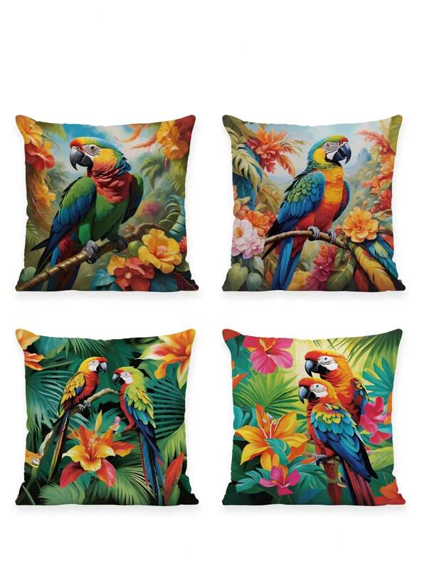 4Pcs Tropical Parrot And Floral Pattern Pillow Covers Decorative Flower Design Pillow Covers In Jars And Tea Cups Home Square Sofa Living Room Bedroom Bed Sofa Chair Cushion Covers (Pillow Core Not Included)