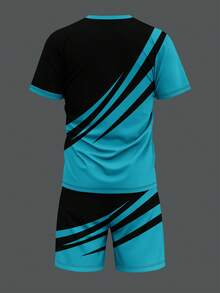Men's Striped Print Round Neck Short Sleeve T-Shirt And Shorts Set, Fashion Versatile, Suitable For Summer - Blue - View 4