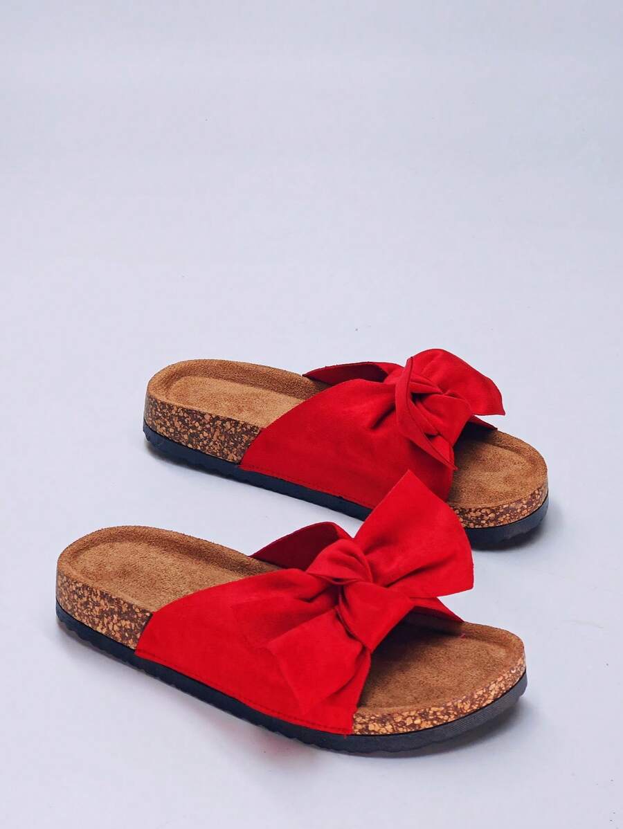 roulvxiang 蝴蝶结装饰水钻亮片厚底凉鞋 - 女士防滑夏季沙滩拖鞋,流行厚底室内/室外舒适鞋 - 大紅色 - 查看 1