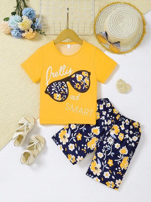 Set de 2 piezas de shorts y camiseta de manga corta para niñas con estampado de gafas y flores, apropiado para niñas de 3 a 7 años