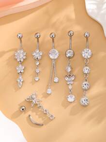 6pcs Gold Butterfly Chain Belly Button Rings Set, Classic Stainless Steel Piercing Pendant Jewelry For Women Daily Wear - Silver - View 8