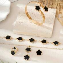 Set de 6 piezas de joyería para mujer con trébol de cuatro hojas de la suerte: Collar + Aretes + Anillo + Pulsera + Brazalete, diseño minimalista y elegante de aleación, para cumpleaños, Navidad, celebraciones y accesorios de moda