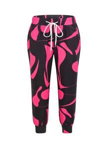 Plus Size Women Geometric Print Drawstring Casual Long Pants Spring - Hot Pink - View 3