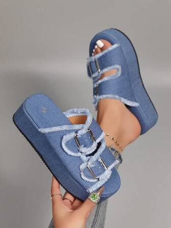 女士时尚系带厚底休闲沙滩凉鞋，舒适百搭复古流苏系带拖鞋，夏季