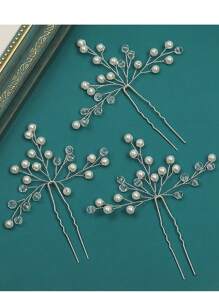 3pcs/Set Pearl & Crystal Hairpins, Chinese Hanfu Hair Accessories, Elegant & Minimalist Bride Headdress