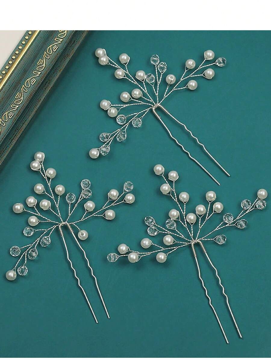 3pcs/Set Pearl & Crystal Hairpins, Chinese Hanfu Hair Accessories, Elegant & Minimalist Bride Headdress