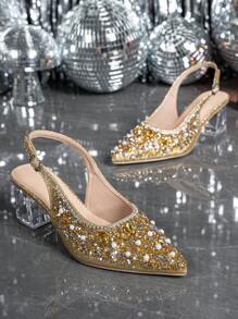 Women's Pointed Toe Crystal Heels Mary Janes Open Design Gold High Heels, Suitable For Outing, Party, Wedding Events