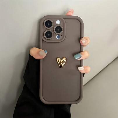 Elegant 3D Golden Heart Soft Silicone Phone Case, Compatible With Apple 16, 16 Pro Max, 16 Pro, 16 Plus, XR, 15, 14 Pro Max, 12, 13 Pro, 11, As Well As Series, Anti-Drop And Candy-Colored Protective Shell Waterproof Shockproof Scratch Resistant