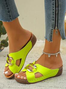 加大码 36-45 霓虹黄色金属扣露趾坡跟凉鞋,时尚百搭,舒适便鞋,适合海滩、度假和日常穿着 - 螢光黃 - 查看 6