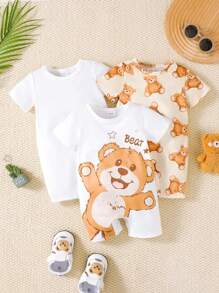 Conjunto de 3 piezas de pelele para bebé niño de manga corta con estampado de oso gráfico, estampado de oso total y blanco sólido, para verano - Multicolor - Ver 3