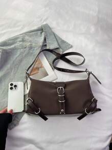 Y2K 法国小众腋下单肩包，金属饰面优质油性皮革闪亮骑行者时尚街头风格斜挎包 - 棕色 - 查看 5