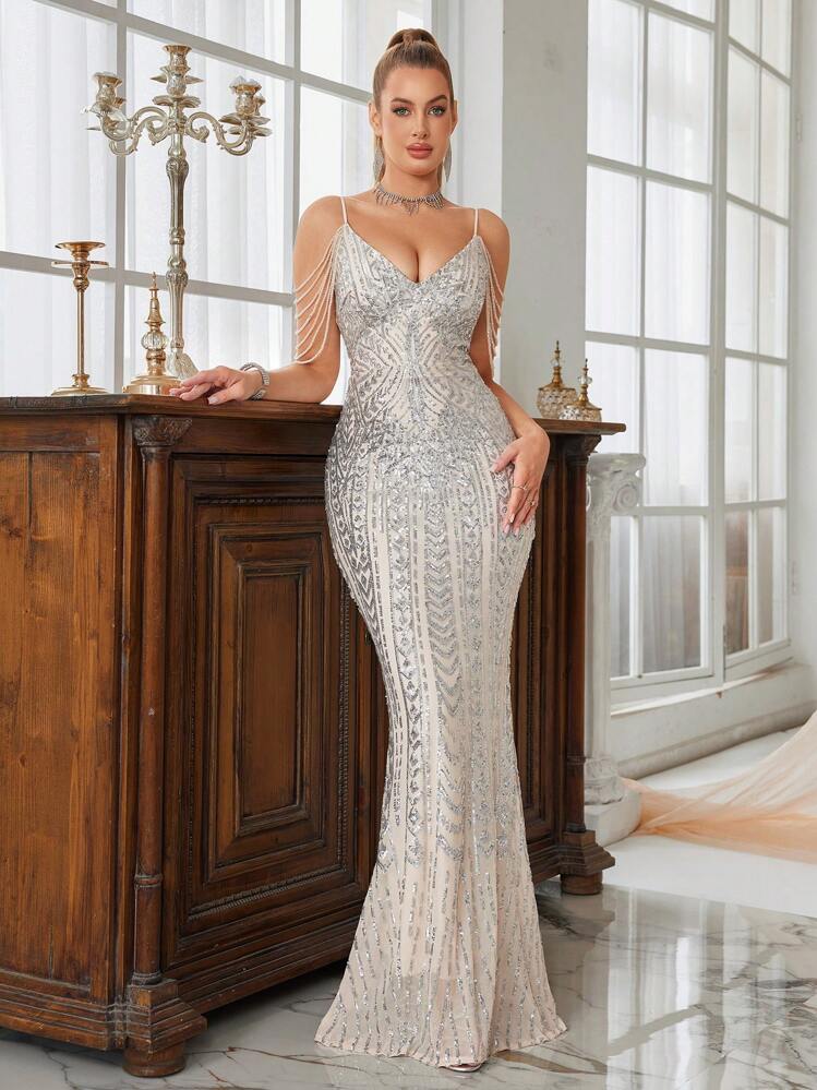 Vestido de fiesta de mujer con decoración de lentejuelas, vestido de noche sirena con tirantes finos, vestido de invitada de boda, vestido formal - Plateado - Añade 6