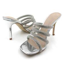 Womens Rhinestone Strap Open Toe High Heel Suede Slip On Heeled Sandals For Party Casual Wedding Dress Shoes    Doll-4 - Bạc - Xem 3