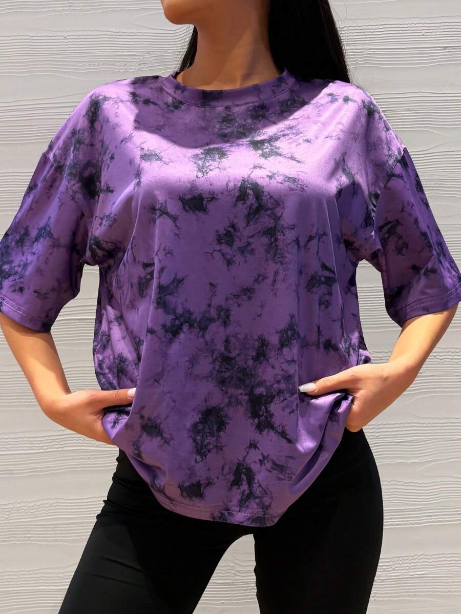 Camisetas holgadas para mujeres, corte holgado, cuello redondo, manga corta, tops de movimiento, blusas casuales, estilo Y2K 2024, camiseta básica - Morado - Ver 1
