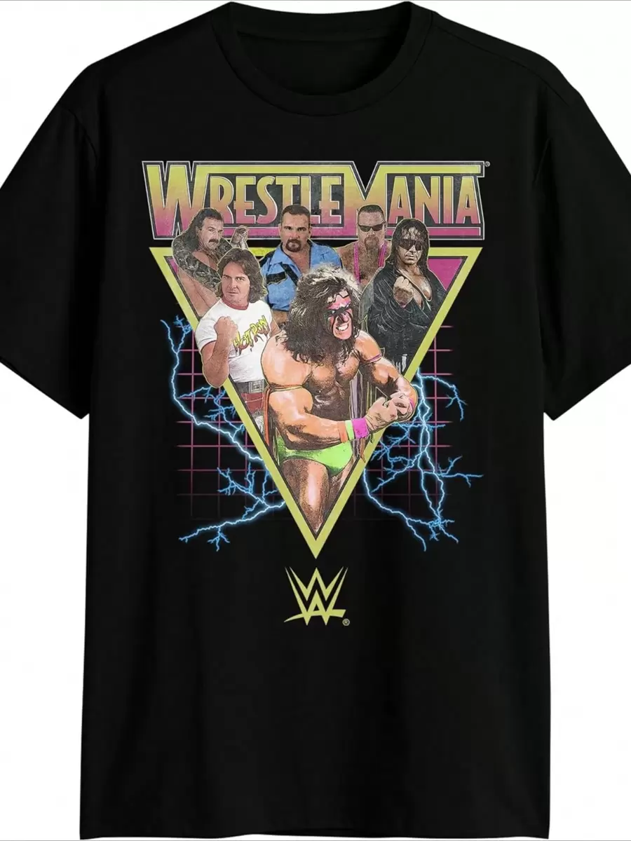 Playera para adultos con estampado digital de 220 g con motivos de los campeones de WWE Wrestlemania Bret Hart, Ultimate Warrior y Piper - Negro - Ver 1