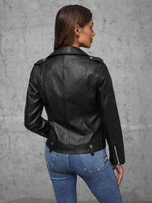 Women's Plain Long Sleeve PU Leather Jacket, Minimalist Style - Black - View 4