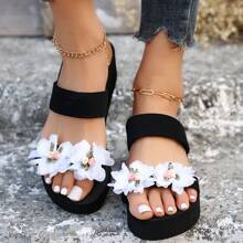 Mother's Day Best Choice, Love For Mom, Mothers Are As Beautiful As Flowers, Women's Thick Sole Slide Sandals, 3D Floral Decor Platform Sandals, Ladies Slippers, Comfortable Soft Beach Open Toe - Black - View 2