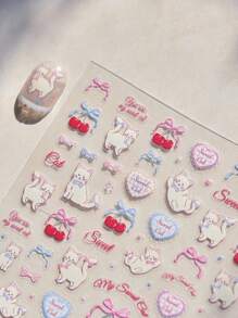 1 Sheet 5D Embossed Self-Adhesive Nail Art Stickers, Cute Bow, Strawberry, Cherry, Cat, Flower Patterns, Glitter, Odorless, Plastic Material For Hands & Feet Nail Art DIY, Decorative For Daily Use, Phone Cases, Diaries, Loved By Women & Girls