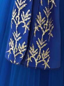 Young Girls Long Sleeve Embroidered Metallic Ribbon & Mesh Elegant Princess Dress, Suitable For Banquet And Holiday Celebration, Fabric Pattern Randomly Cut, Headband Not Included - Royal Blue - View 6