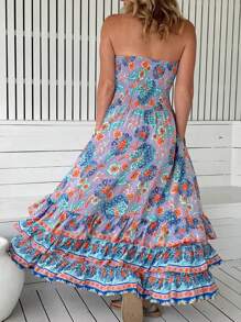 无袖紫色花卉印花分层荷叶边下摆口袋波西米亚风连衣裙，夏季 - 紫丁香色 - 查看 4