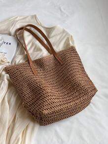 1 pieza Bolso de hombro con cierre de gran capacidad, estilo casual de vacaciones, transpirable, tejido en beige, adecuado para señoras en primavera/verano, para artículos de playa, teléfono de viaje, billetera, lápiz labial, llaves, pañuelos, bolsas de almacenamiento