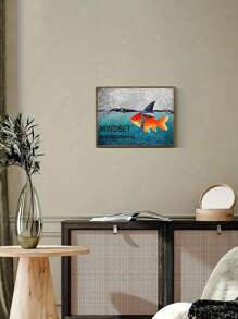 1/2 件现代复古动物主题装饰海报，猫鲨大战墙壁艺术印刷品，抽象蓝色金鱼和鲨鱼鳍以及励志名言，室内艺术，墙壁艺术，无框，适用于家庭办公室、浴室、客厅、厨房、卧室