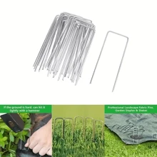 1 set de estacas de tienda de campaña en forma de U reutilizables de acero inoxidable. Con acabado pulido y resistencia a la corrosión. Conveniente de usar, ideal para carpas de camping, reforzar el césped y cumplir con varios requisitos del sitio. También aplicable para el deshierbe y el paisajismo en jardines.