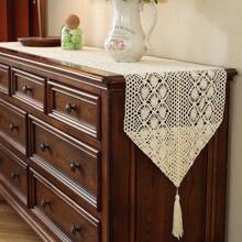 1pc American Country Style Handmade Lace Tassel Table Runner, Decorative For Kitchen, Wedding, Party, Living Room, Dresser