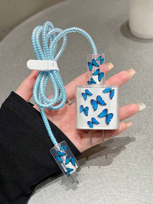 5teiliges Set Handyladegerät mit blauem Schmetterlingsdruck: 20W/18W Ladegerät Adapter, Ladekabel Wickler, Ladegerät Kopfhörer Hülle, kompatibel mit iPhone 11 12 13 14 15 16 Kabel Schutz, Ladegerät Schutz