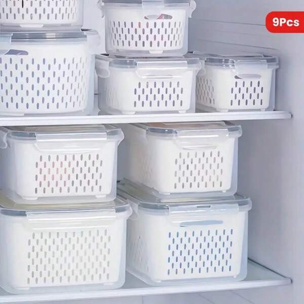 9 pièces Set Organisateur de Réfrigérateur - Système de Cuisine Polyvalent et Empilable pour Fruits, Légumes | 3 couvercles, 3 paniers, 3 boîtes avec plateau d'égouttage