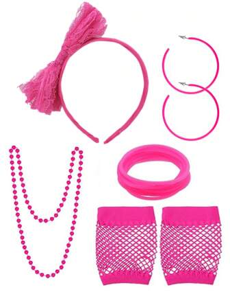 D EXCEED 5 PCS 1980s Neon Party Costume Accessories Set For Women Lace Bow Hairband Artificial Bead Necklace Circle Earrings Fishnet Gloves Bracelet Bride Weddings Cosplay Festival Gifts Prom Accessories