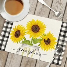 1/4/6pcs Sunflower Vase Summer Placemats, Sunflower & Vase Series Checkered Pattern Printed Polyester Linen Placemats, Table Mats, Hot Pads, Kitchen Decor, Western Dining Table Mats