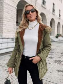 Abrigo de polar de algodón con capucha y cordón para mujer, chaquetas para mujer - Verde militar - Ver 2