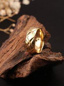 1 件钻石网格宽钛钢戒指，金色/银色，时尚个性化，适合女性，日常佩戴和派对礼物 - 菱格紋寬版戒指 - 查看 5