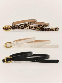 1pc/3pcs Set Leopard Print U-Shaped Metal Buckle Ladies Skinny Belts, Versatile For Casual, Business, Date, Party And All Season Wear Summer, School Fall, Autumn, Halloween