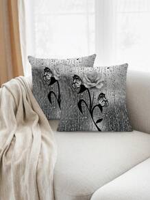 2Pcs Modern Art Throw Pillow Cover Silver Grey With Black Leaves And White Rose Pattern Pillow Cover Decor Square Sofa Living Room Bedroom Bed Sofa Chair Cushion Cover