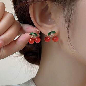 1對s925紅櫻桃水果銀針,星空貓眼石吊墜耳環 - 聖誕禮物