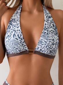 Abito da spiaggia alla moda con stampa leopardata, decorazione metallica, collo halter sexy con laccio frontale, adatto per vacanze, spiaggia, campeggio, nuoto