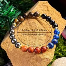 Bracelet de richesse et de prospérité fait main de 8 mm, œil de tigre et agate bleue - bijou en perles de bois naturel, convient aux hommes et aux femmes