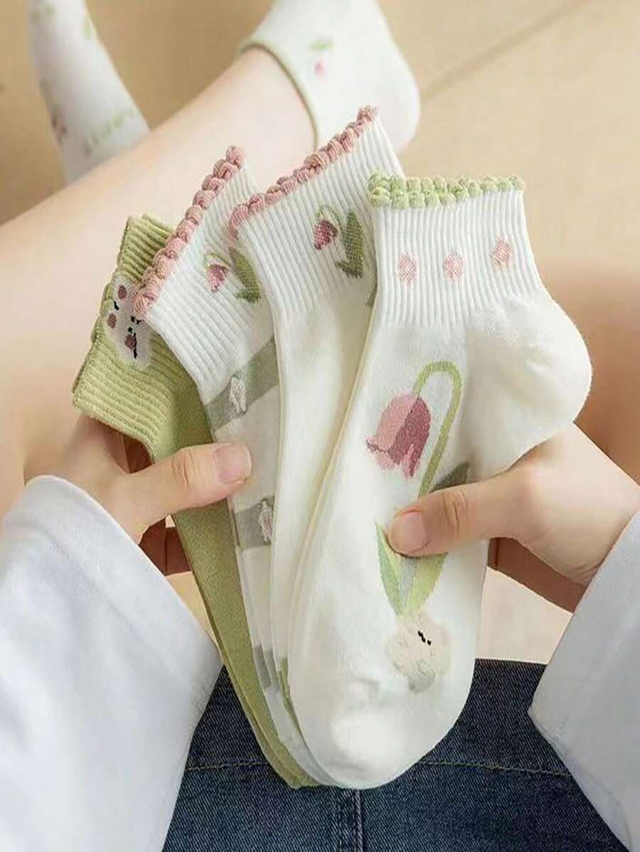 1pc Women's Short Socks Spring And Summer Flower Sweet And Cute Cartoon Little Fresh Rabbit Blue Green Ins