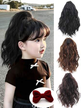 Children's Ponytail Wig Female Waterfall High Ponytail Clip-On Style Water Ripple Short Curly Wig Cute Bow