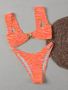 Women's Standard Size Orange Zebra Print Gold Decorative Halter Bikini Set, Beach Swimwear - Orange - View 3