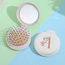 字母印花便携式迷你折叠发刷，配有集成镜子和头皮按摩功能 - 气囊垫，方便携带旅行 - 棕色 - 查看 8