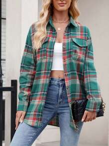 Women's Fall Button Down Shirts With Pockets Plaid Pattern Turn Down Collar Long Sleeve Casual Tops - Green - View 4